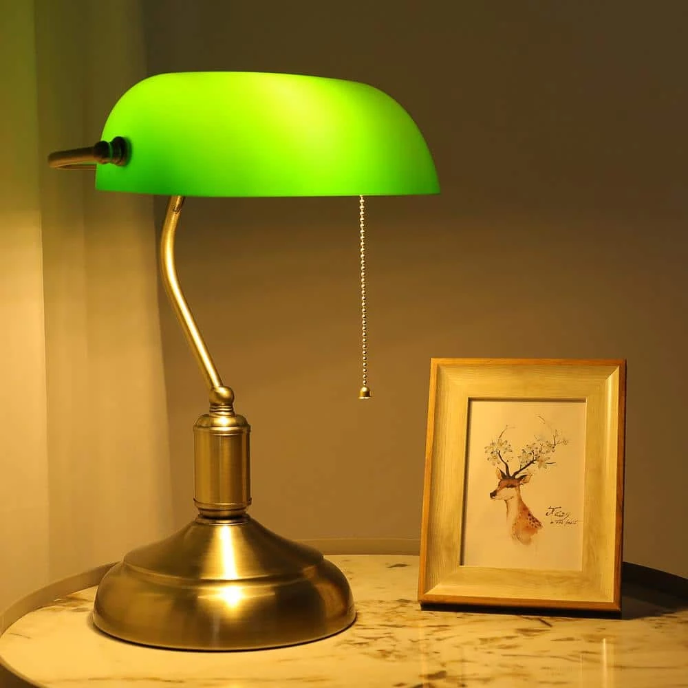 Hot Sale 🌟 Top 10 🎉 15 in. Antique Brass Indoor Adjustable Height Bankers Desk Lamp with Green Glass Shade by LamQee ✨ 🔥 - Image 10