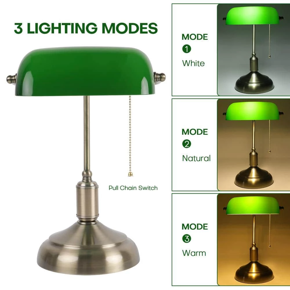 Hot Sale 🌟 Top 10 🎉 15 in. Antique Brass Indoor Adjustable Height Bankers Desk Lamp with Green Glass Shade by LamQee ✨ 🔥 - Image 5