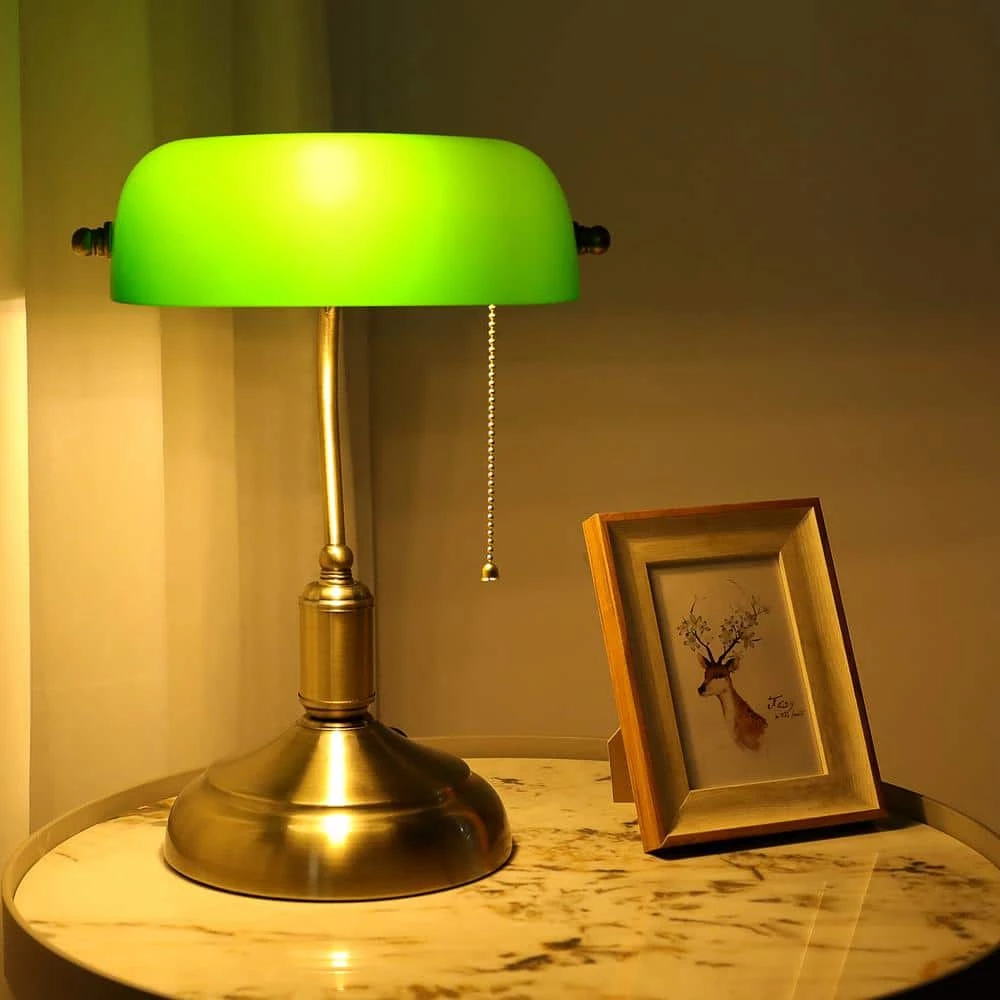 Hot Sale 🌟 Top 10 🎉 15 in. Antique Brass Indoor Adjustable Height Bankers Desk Lamp with Green Glass Shade by LamQee ✨ 🔥 - Image 3