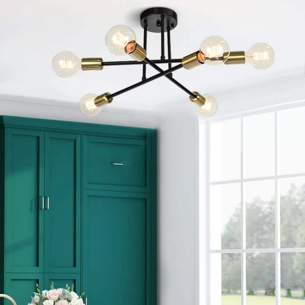Deals ๐งจ Promo ๐ Highlandville 23.62 in. 6-Light Black and Gold Sputnik Semi Flush Mount by RRTYO โ๏ธ ๐ - Image 2