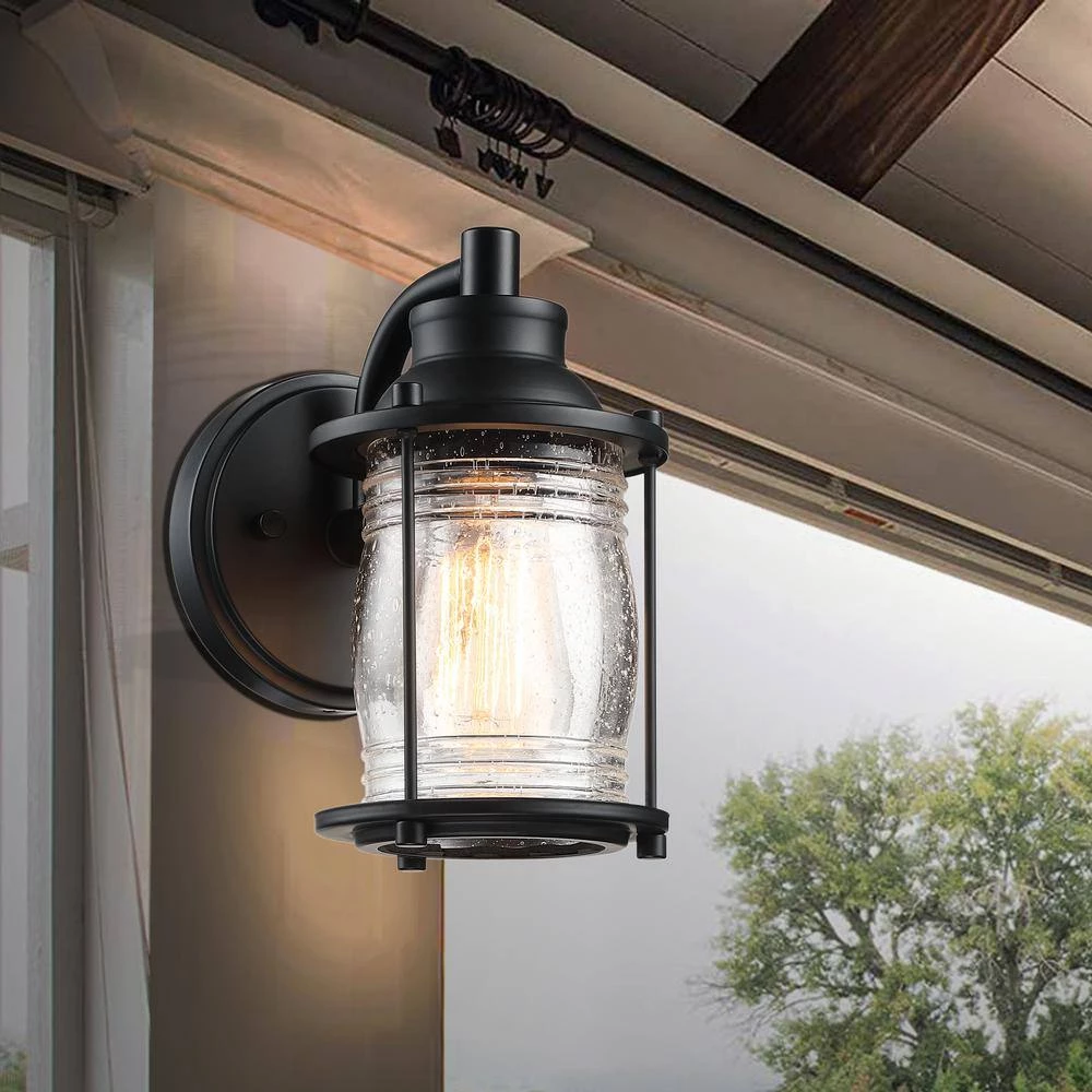 Hot Sale 🔔 Deals 👍 Martin 1-Light Black Outdoor Wall Lantern Sconce with Seeded Glass Shade by Hukoro 🥰 ✨ - Image 6