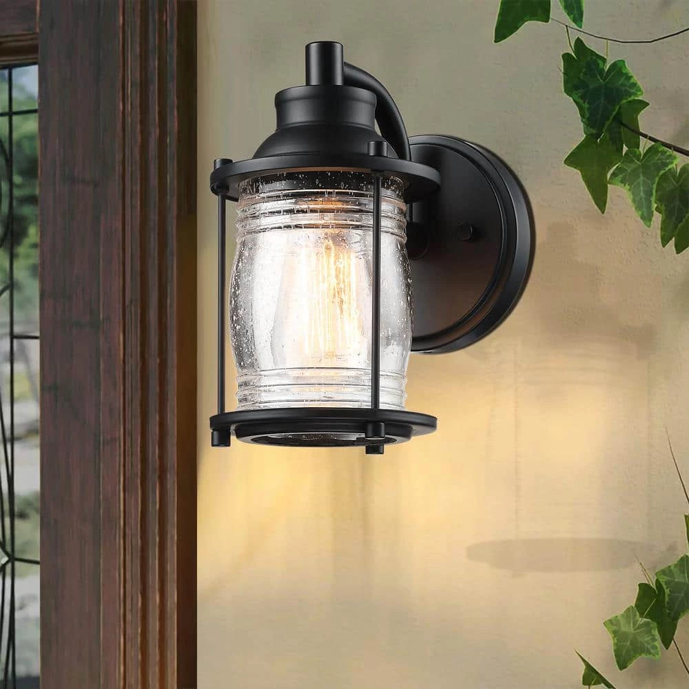 Hot Sale 🔔 Deals 👍 Martin 1-Light Black Outdoor Wall Lantern Sconce with Seeded Glass Shade by Hukoro 🥰 ✨ - Image 3