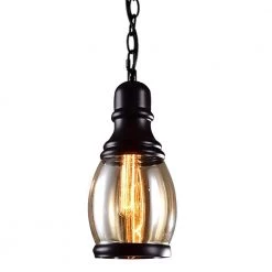 Wholesale 👍 Promo 🎉 4.7 in. W x 29 in. H 1-Light Black Vintage Iron Pendant-Light with Amber Glass Shade by LamQee 😉 ✔️