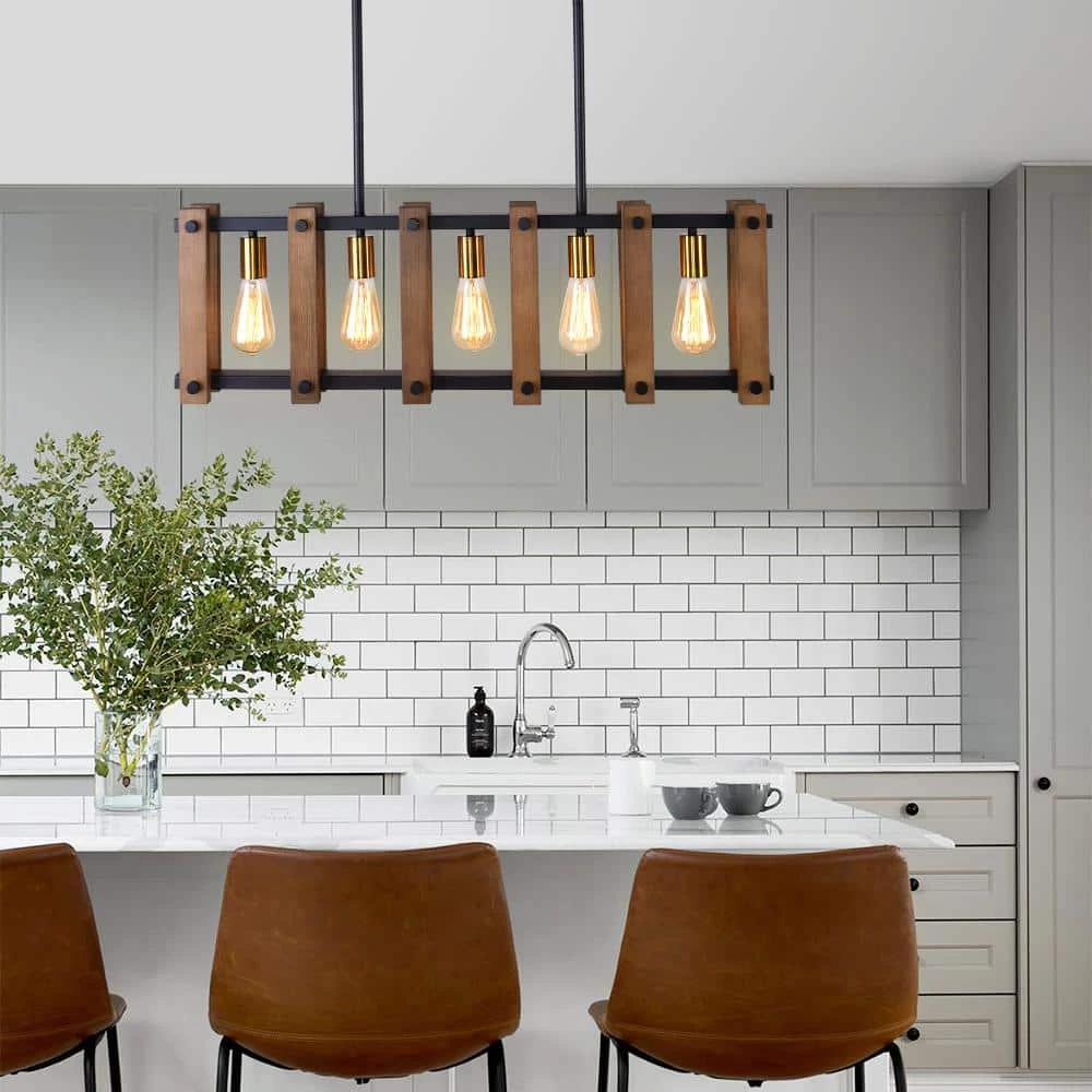 Best Pirce 🔔 Best Pirce ⭐ Sylvette 5-Light Black Metal Kitchen Island Linear Chandelier Pendant Light by RRTYO 👍 🔥 - Image 4