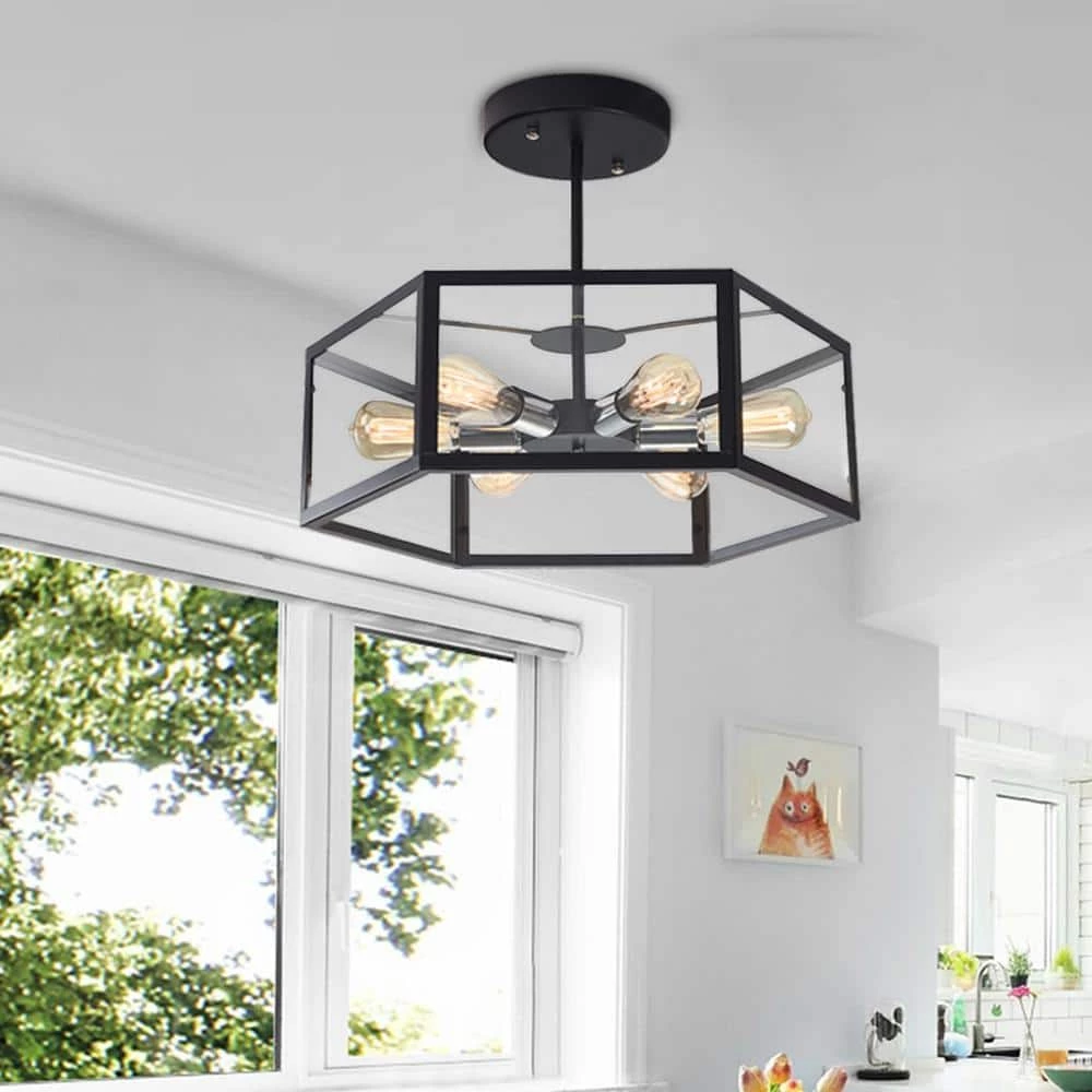 Best Sale 🔔 Best Pirce 🥰 21.65 in. 6-Light Black Industrial Kitchen Island Hexagonal Semi Flush Mount Ceiling Light with Acrylic Shade by RRTYO 🤩 ⌛ - Image 2