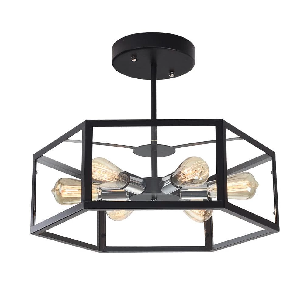 Best Sale 🔔 Best Pirce 🥰 21.65 in. 6-Light Black Industrial Kitchen Island Hexagonal Semi Flush Mount Ceiling Light with Acrylic Shade by RRTYO 🤩 ⌛