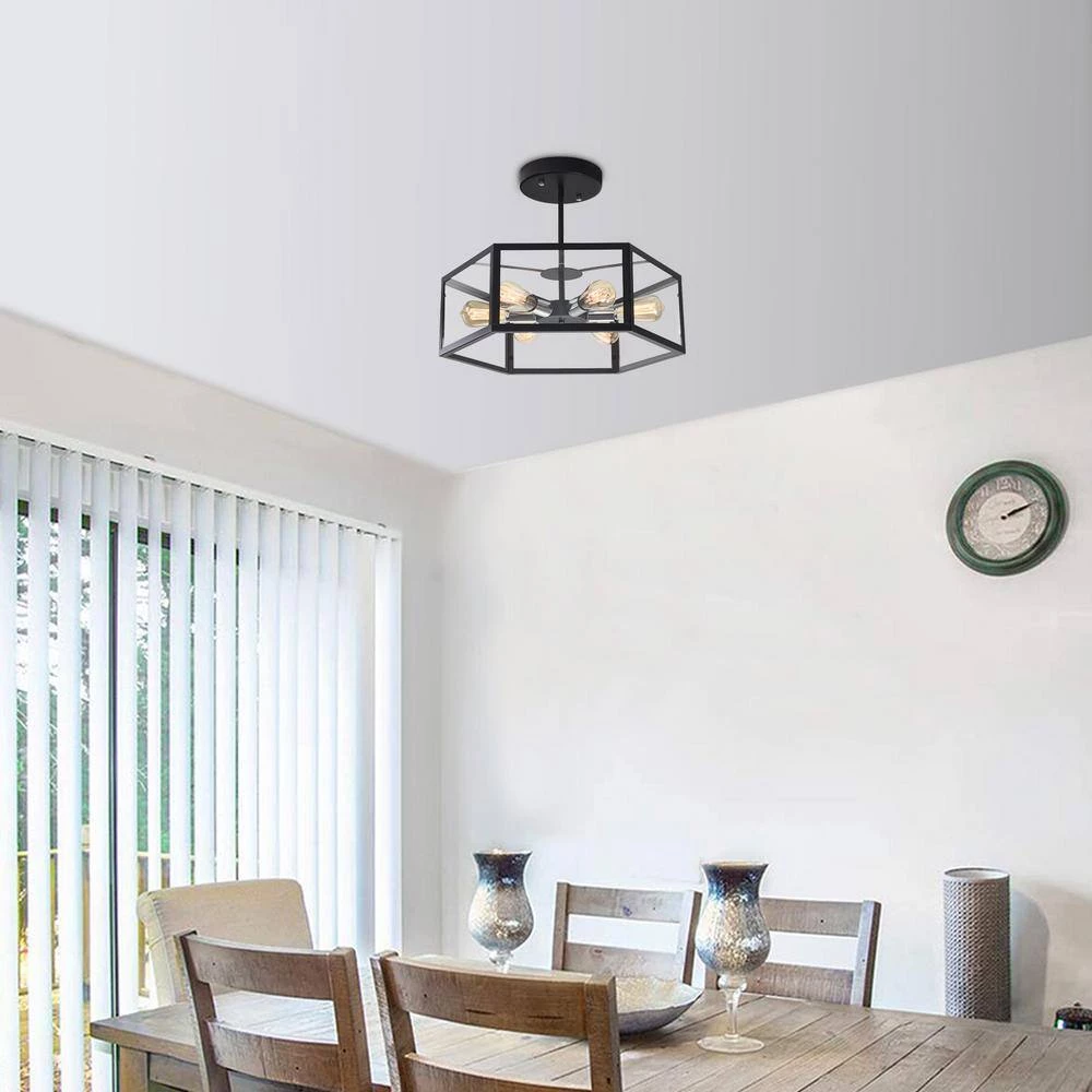 Best Sale 🔔 Best Pirce 🥰 21.65 in. 6-Light Black Industrial Kitchen Island Hexagonal Semi Flush Mount Ceiling Light with Acrylic Shade by RRTYO 🤩 ⌛ - Image 3