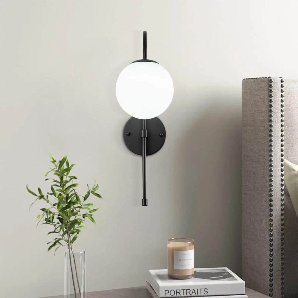 Budget 🧨 Cheapest 🥰 Anova 1-Light Black Glass Ball Wall Sconce with Milk White Glass Shade by RRTYO 🥰 ⭐ - Image 4