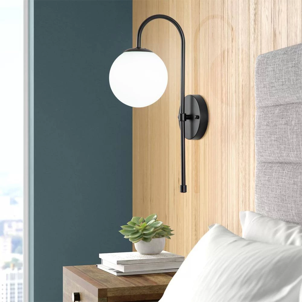 Budget 🧨 Cheapest 🥰 Anova 1-Light Black Glass Ball Wall Sconce with Milk White Glass Shade by RRTYO 🥰 ⭐ - Image 2