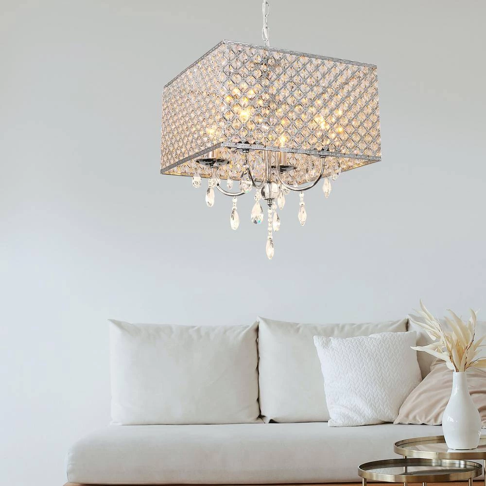 Cheap ๐งจ Best reviews of ๐ฅฐ 15.7 in. W. x 7.9 in. H. 4-Light Chrome Square Chandelier with Hanging Crystal Raindrops by LamQee โ๏ธ ๐ฅฐ - Image 3