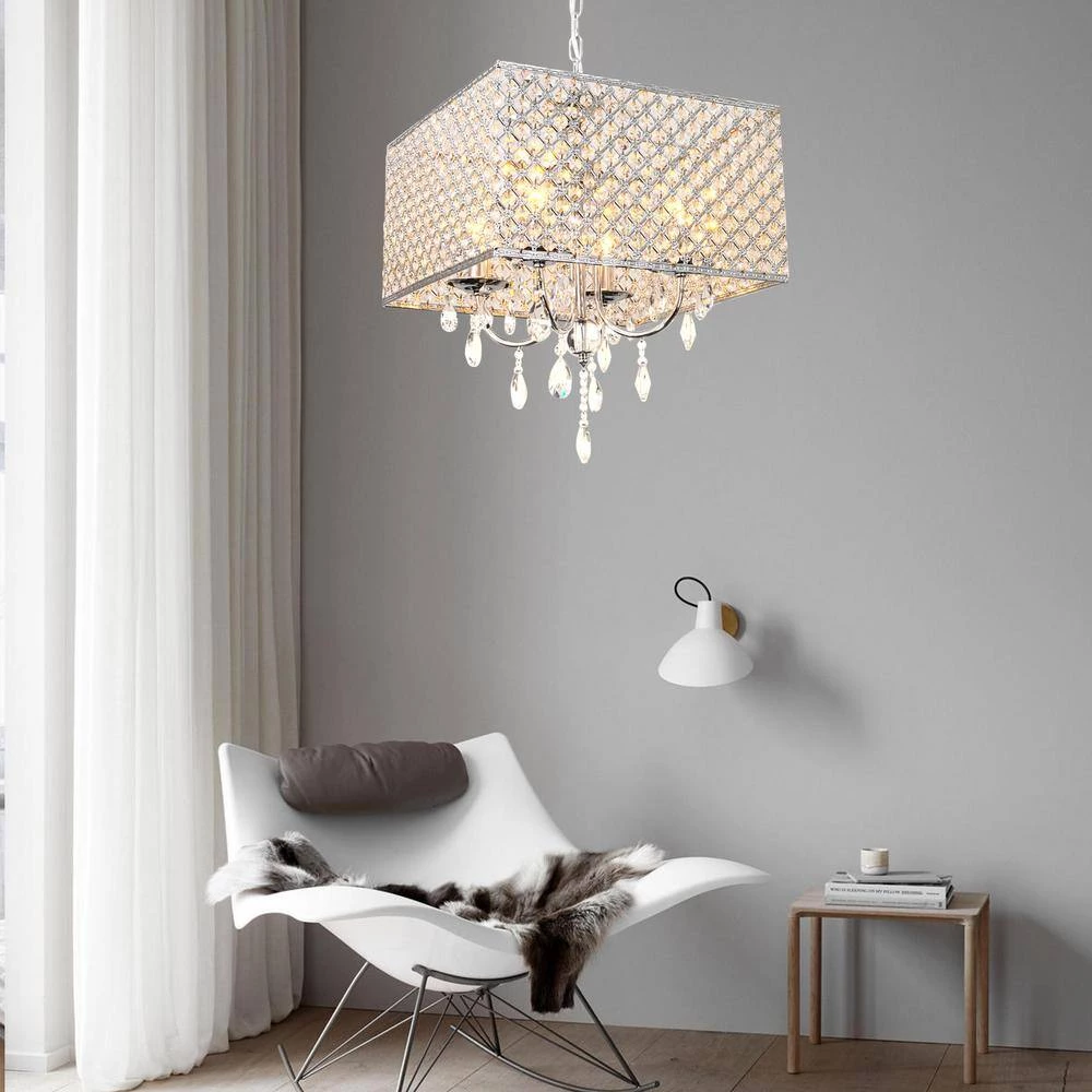Cheap ๐งจ Best reviews of ๐ฅฐ 15.7 in. W. x 7.9 in. H. 4-Light Chrome Square Chandelier with Hanging Crystal Raindrops by LamQee โ๏ธ ๐ฅฐ - Image 2