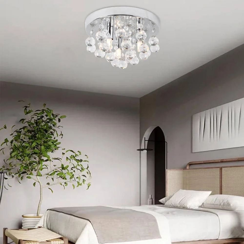 Cheap 👍 Top 10 🔥 9.8 in. 3-Light Chrome Round Flush Mount Modern Raindrop Crystal Chandelier Light by LamQee 😉 🛒 - Image 2