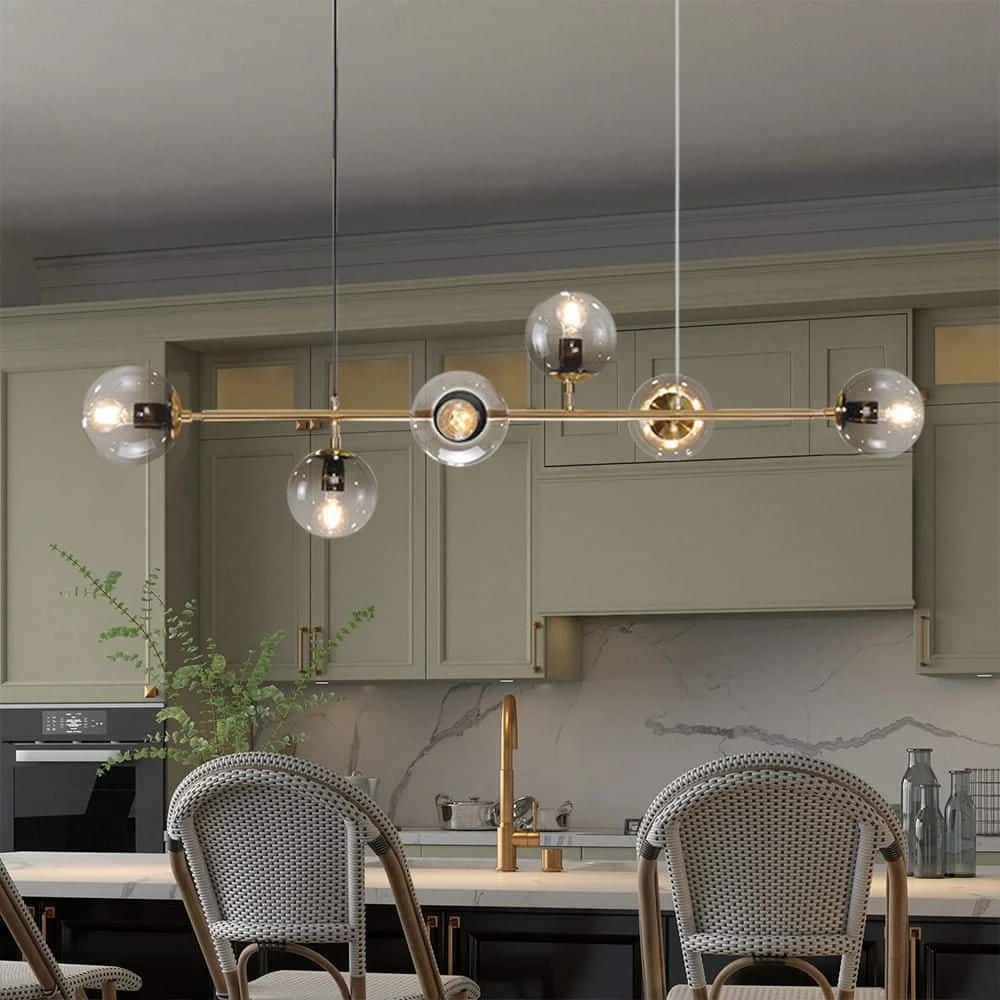 Best Sale ๐งจ Best Pirce ๐ Hermitage 6-Light Gold Kitchen Island Sputnik Linear Globe Pendant Chandelier with Smoky Gray Glass Shade by RRTYO ๐ ๐งจ - Image 9