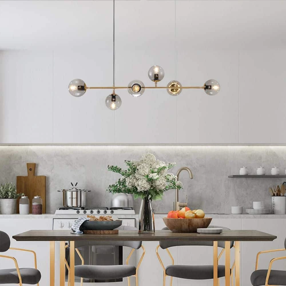 Best Sale ๐งจ Best Pirce ๐ Hermitage 6-Light Gold Kitchen Island Sputnik Linear Globe Pendant Chandelier with Smoky Gray Glass Shade by RRTYO ๐ ๐งจ - Image 10