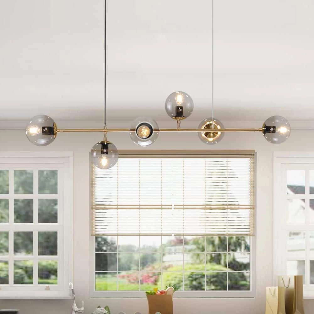 Best Sale ๐งจ Best Pirce ๐ Hermitage 6-Light Gold Kitchen Island Sputnik Linear Globe Pendant Chandelier with Smoky Gray Glass Shade by RRTYO ๐ ๐งจ - Image 8