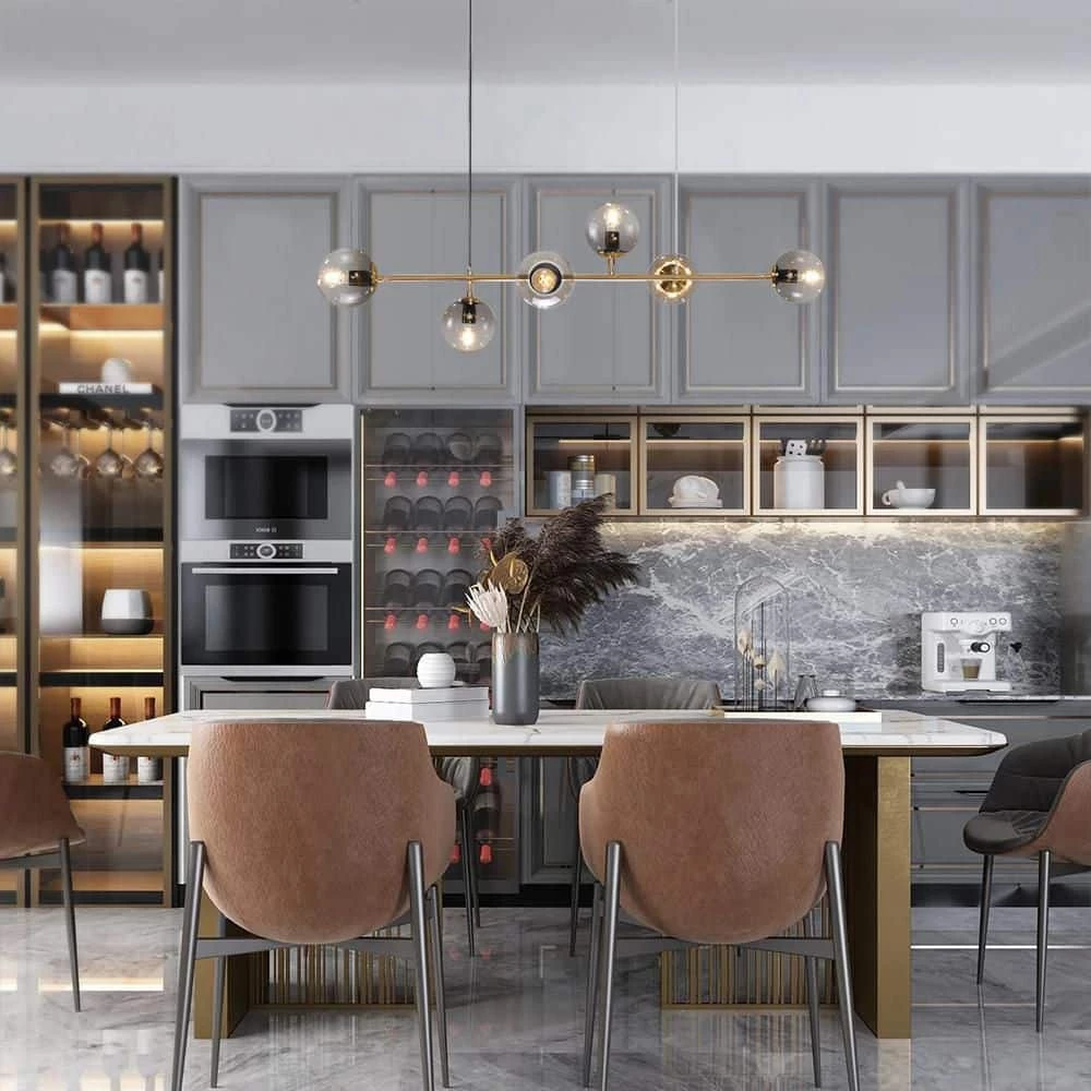 Best Sale ๐งจ Best Pirce ๐ Hermitage 6-Light Gold Kitchen Island Sputnik Linear Globe Pendant Chandelier with Smoky Gray Glass Shade by RRTYO ๐ ๐งจ - Image 2