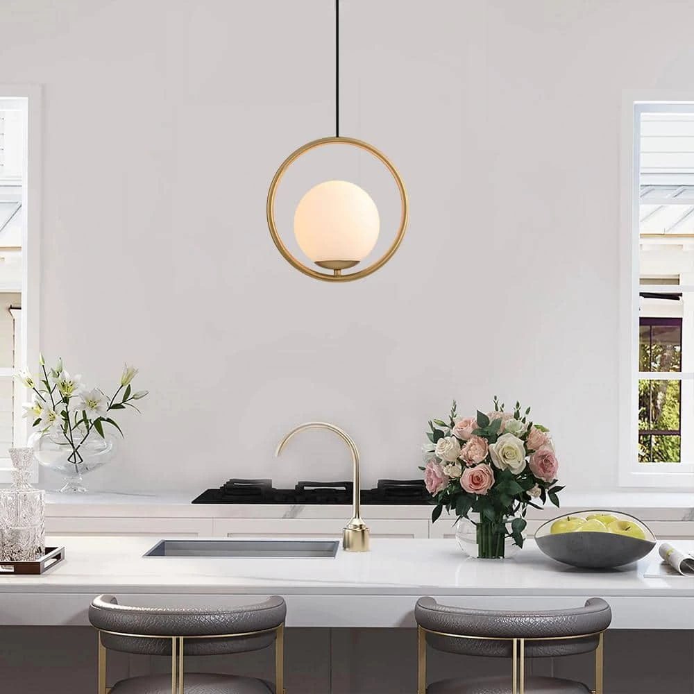Best deal ๐ Discount โญ 1-Light Gold Circle Pendant with Hand-blown Glass Shade by RRTYO ๐ ๐ - Image 6