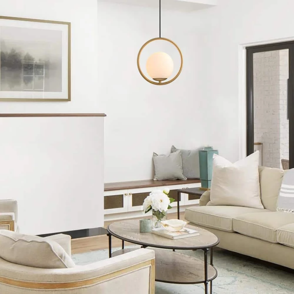 Best deal ๐ Discount โญ 1-Light Gold Circle Pendant with Hand-blown Glass Shade by RRTYO ๐ ๐ - Image 2