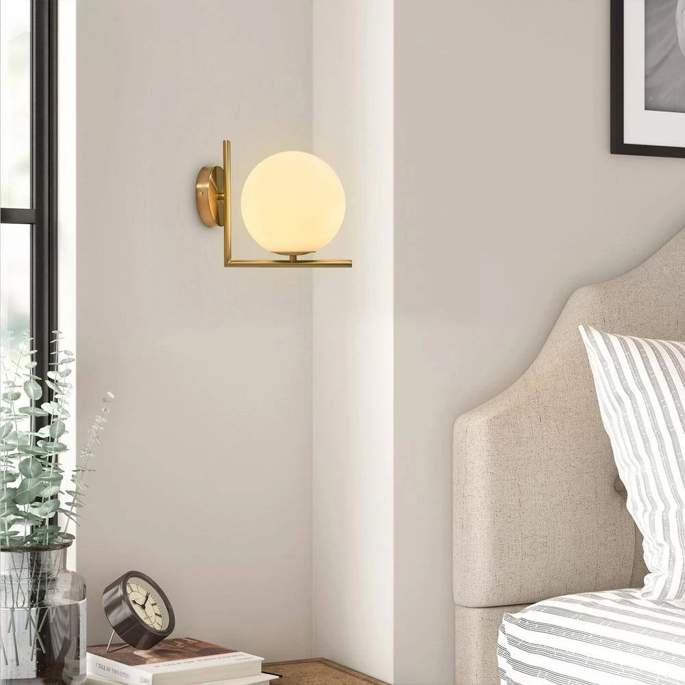 Best Pirce 🤩 Best deal 🥰 Eriq 1-Light Gold L-Shaped Tube Wall Sconce with Glass Ball Shade by RRTYO 😍 ✔️ - Image 3