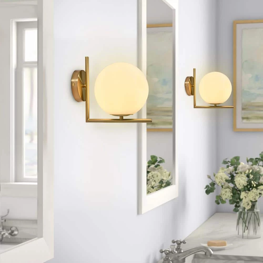 Best Pirce 🤩 Best deal 🥰 Eriq 1-Light Gold L-Shaped Tube Wall Sconce with Glass Ball Shade by RRTYO 😍 ✔️ - Image 2