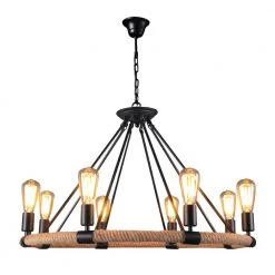 Best Pirce ๐ Budget ๐ 8-Lights Iron Black Farmhouse Chandelier Round Wagon Wheel Fixture with Hemp Rope by LamQee ๐ฅฐ ๐