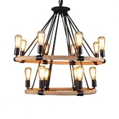 New 😉 Hot Sale 🥰 2-Tiers 14-Light Iron Black Farmhouse Round Chandelier with Vintage Hemp Rope by LamQee 💯 🌟