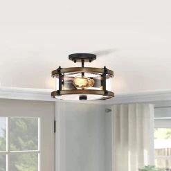 Best Pirce 🎉 Budget 😉 Mousse 12.2 in. W 2-Light Semi Flush Mount with Matte Black, Barnwood Accents and Seeded Glass Shade by Hukoro 🤩 👏