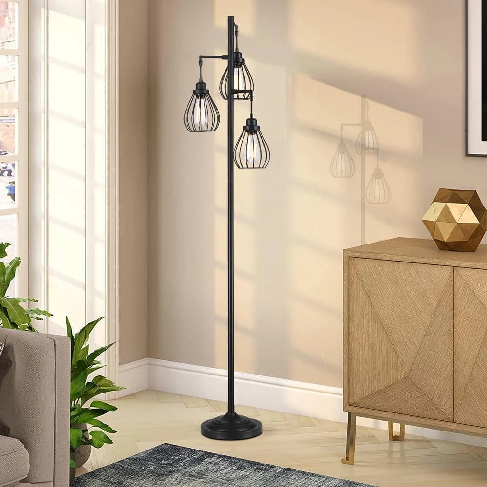 Promo ๐คฉ New ๐ Mousse 69 in. 3-Light Tree Floor Lamp with Matte Black Finish and Hanging Steel Cage Shade by Hukoro โ๏ธ ๐งจ - Image 2