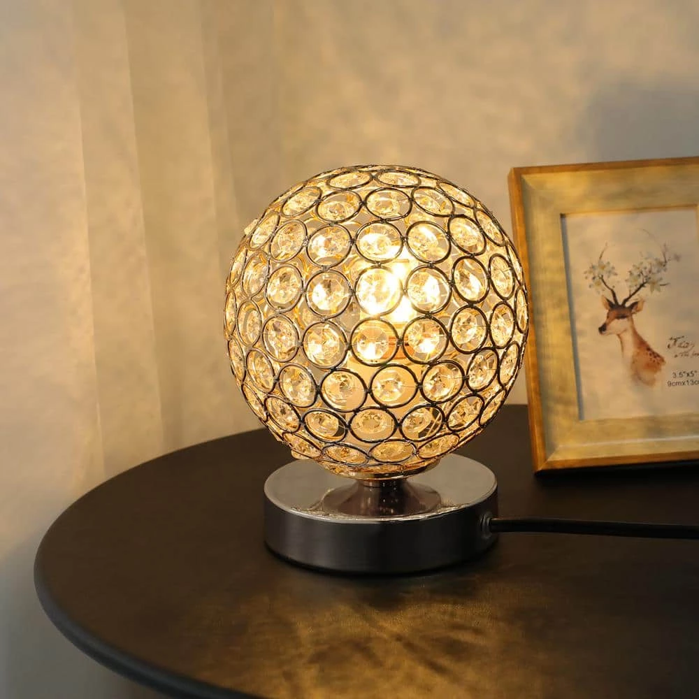 Promo ✔️ Best Sale 🔔 7.9 in Silver Ball Sequin Table Lamp with Round Hollow-Carved Crystal Shade by LamQee 🧨 ❤️ - Image 2
