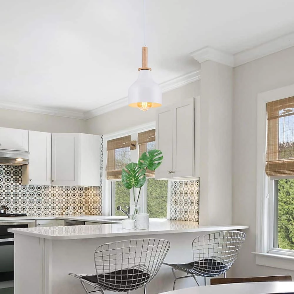 New 🌟 Top 10 👍 Cortasia 1-Light White Wooden Cone Island Pendant Light with Metal Shade by RRTYO ❤️ 🎉 - Image 5