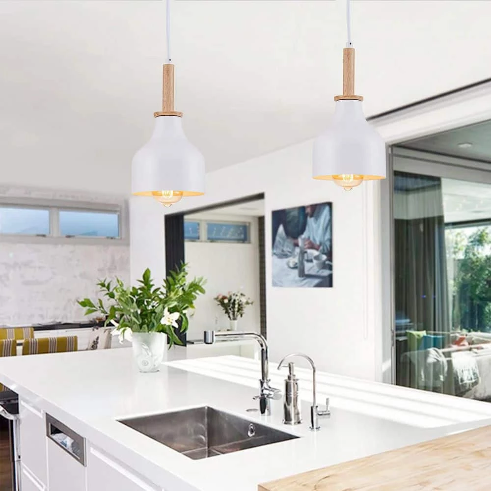 New 🌟 Top 10 👍 Cortasia 1-Light White Wooden Cone Island Pendant Light with Metal Shade by RRTYO ❤️ 🎉 - Image 6