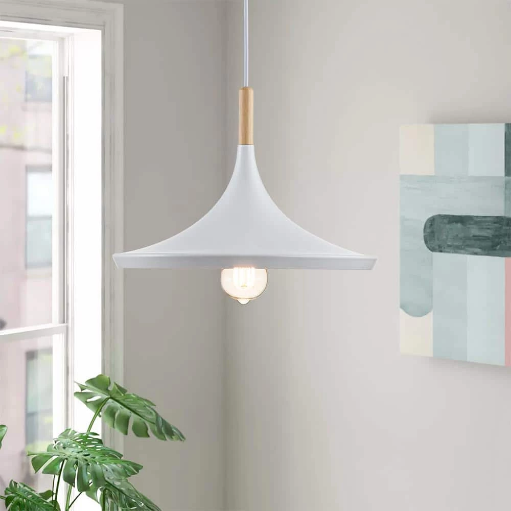 Coupon ๐คฉ Discount โจ Cortasia 1-Light White Hat Pendant Light with Wooden Shade by RRTYO ๐ ๐ - Image 4