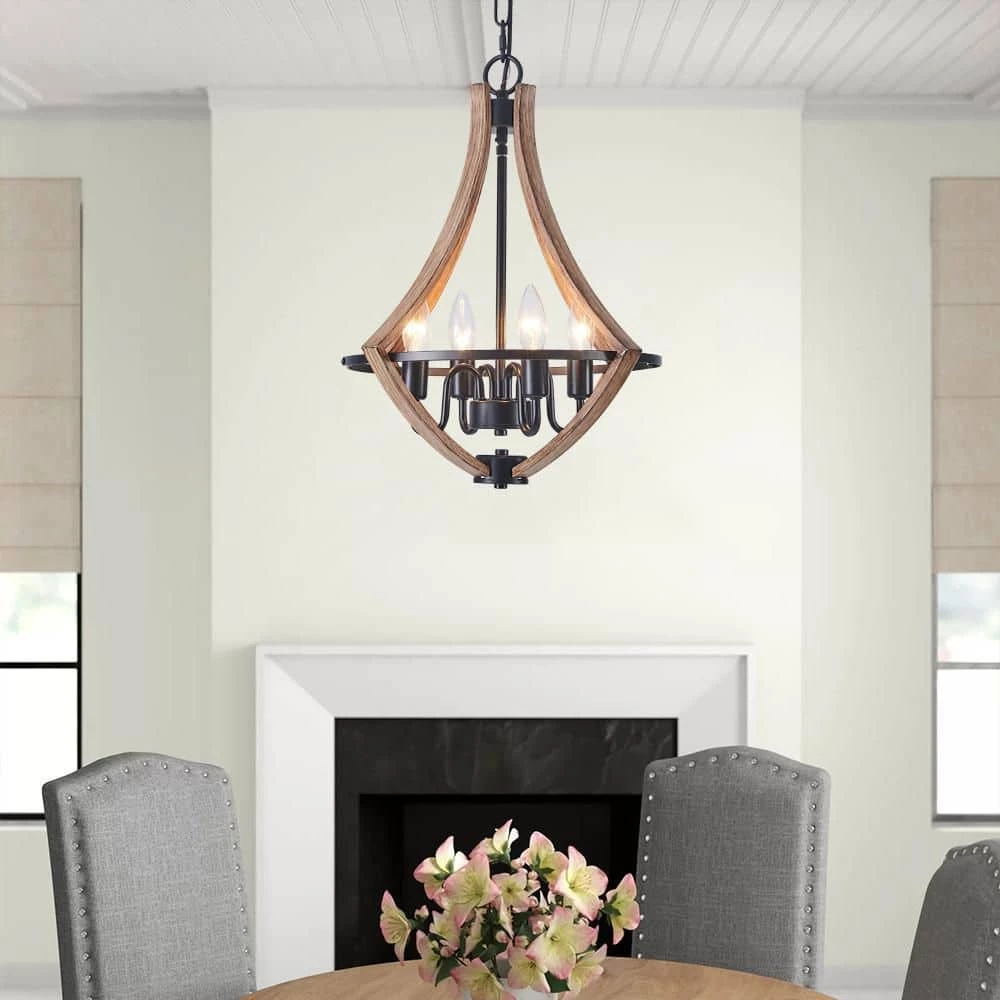 Brand new 💯 Brand new 🔥 Ableton 4-Light Wood Grain Gourd Chandelier Farmhouse Kitchen Island Candle Dining Light Adjustable Chandelier by RRTYO ✔️ 👏 - Image 5