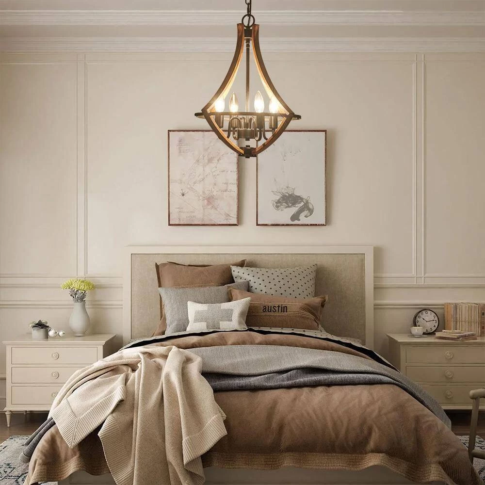 Brand new 💯 Brand new 🔥 Ableton 4-Light Wood Grain Gourd Chandelier Farmhouse Kitchen Island Candle Dining Light Adjustable Chandelier by RRTYO ✔️ 👏 - Image 8