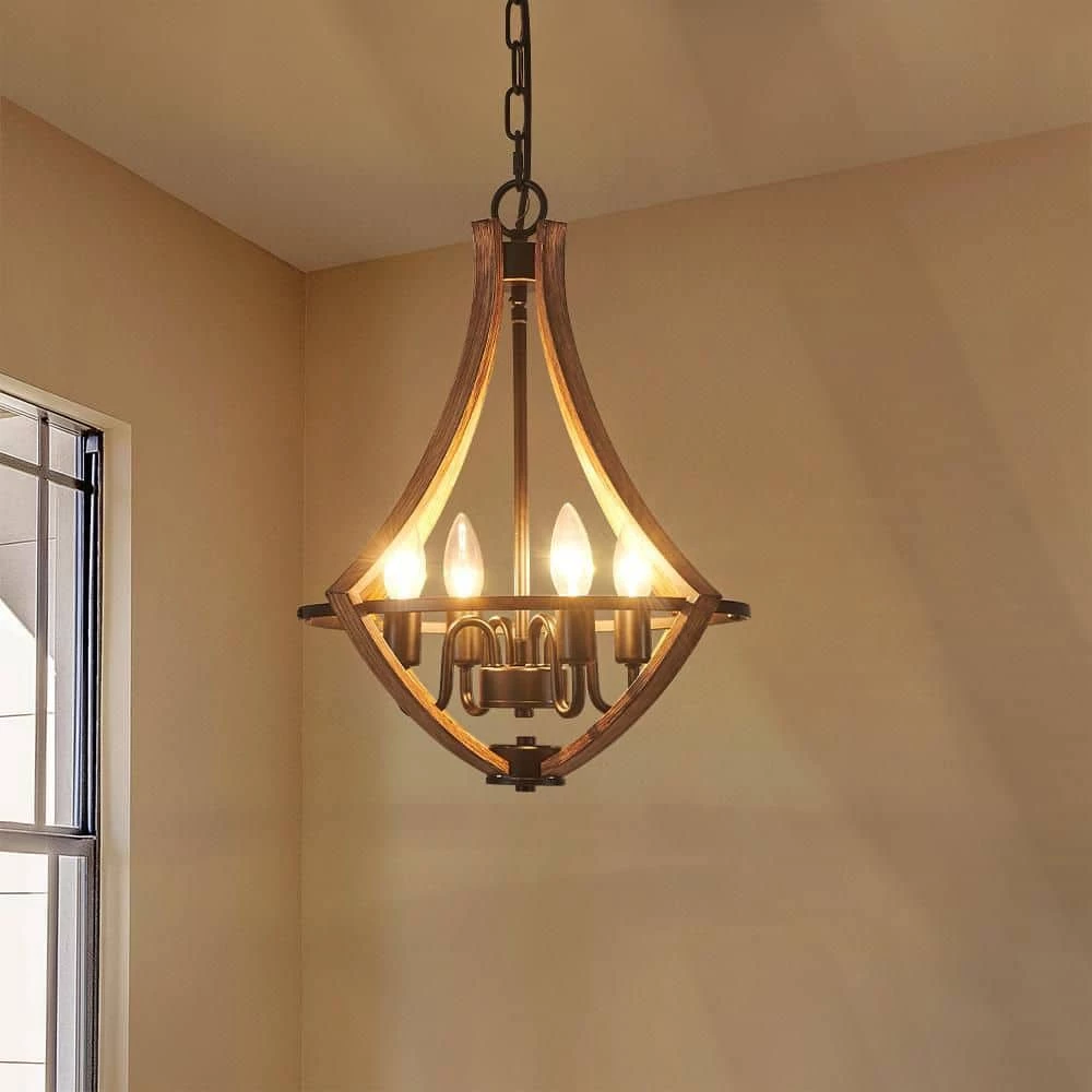 Brand new 💯 Brand new 🔥 Ableton 4-Light Wood Grain Gourd Chandelier Farmhouse Kitchen Island Candle Dining Light Adjustable Chandelier by RRTYO ✔️ 👏 - Image 2