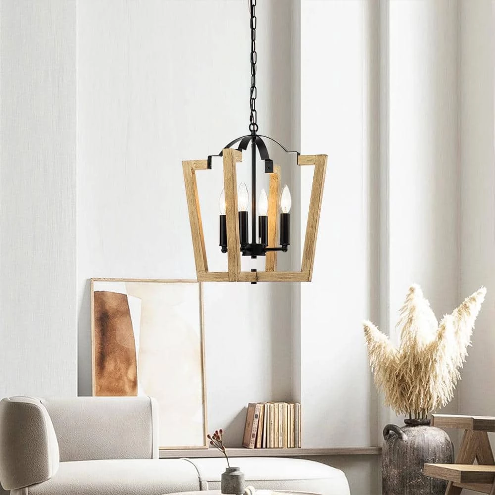Buy ๐ Cheap โค๏ธ Cody 4-Light Wood Grain Geometric Cage Lantern Chandelier Pendant Light by RRTYO ๐งจ ๐ - Image 4