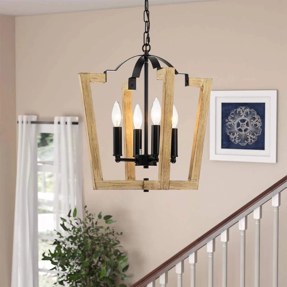 Buy ๐ Cheap โค๏ธ Cody 4-Light Wood Grain Geometric Cage Lantern Chandelier Pendant Light by RRTYO ๐งจ ๐ - Image 2